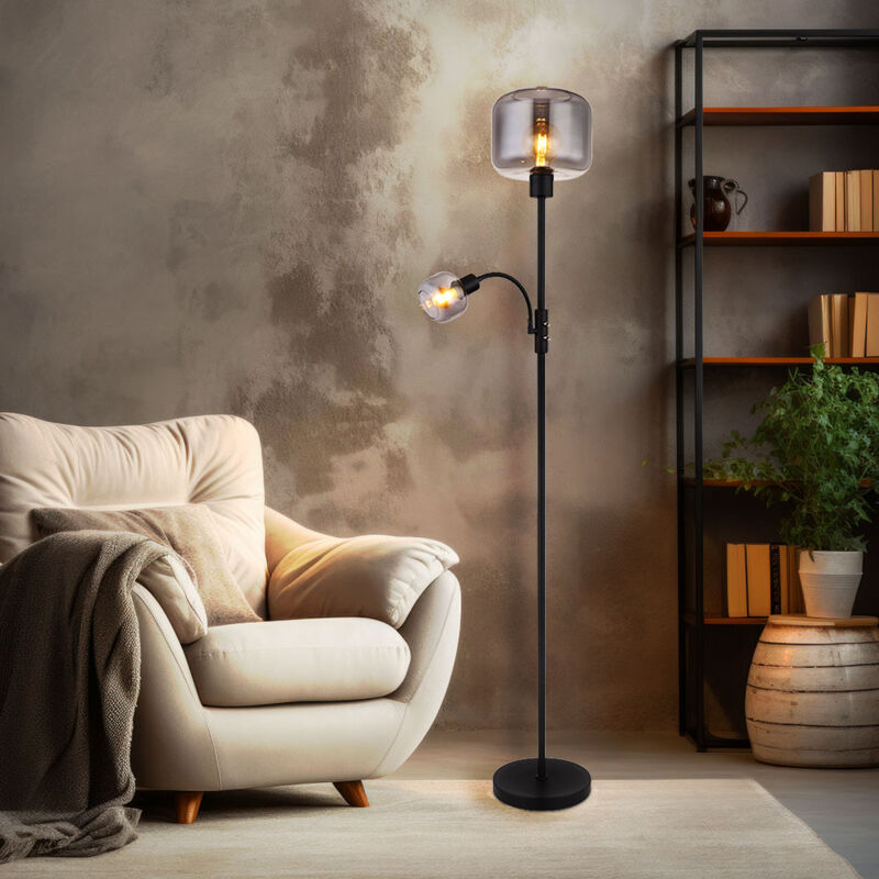 Globo Lighting - Lampada Da Terra In Vetro Fumé Lampada Da Terra Lampada Da Soggiorno Lampada Da Lettura Flexo, Vetro Metallico Nero, Luce Commutabile Separatamente, 1x E14 1x E27, H 165 Cm