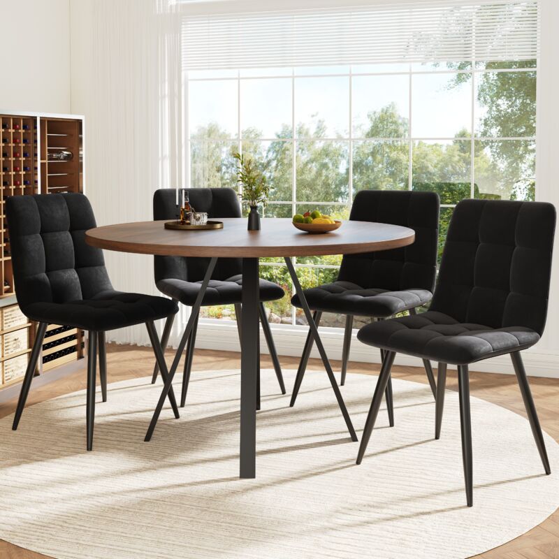 Gruppo Da Pranzo (5 Pezzi), Tavolo Da Pranzo Rotondo, Tavolo Da Pranzo 80×80×75cm Con 4 Sedie, Tavolino Rotondo Per 4 Persone, Sedute In Velluto Con Tavolo Da Pranzo Color Noce, Sedie Da Pranzo Nere