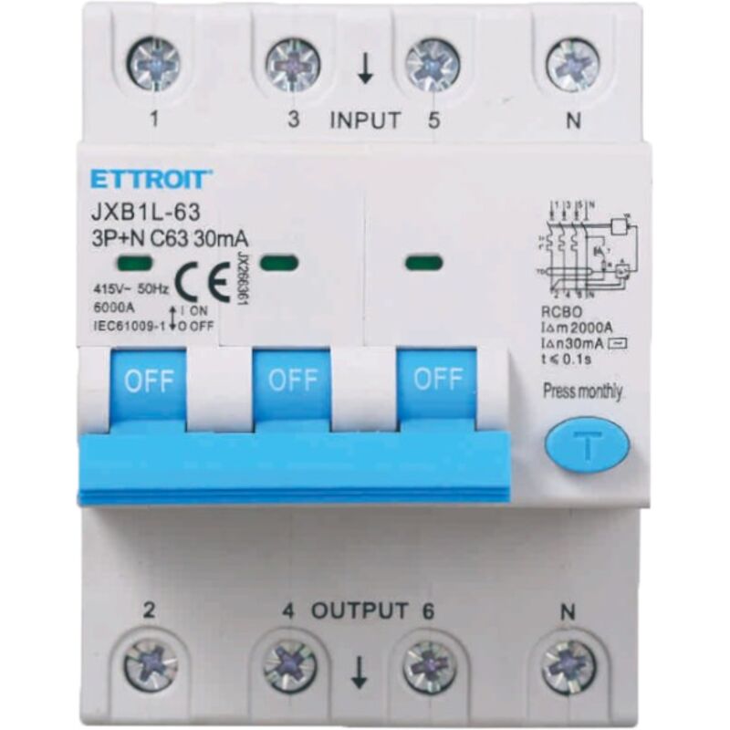 Interruttore Magnetotermico Differenziale 3p+n 63a 6ka 30ma 380v Occupa 4 Moduli Din - Ettroit