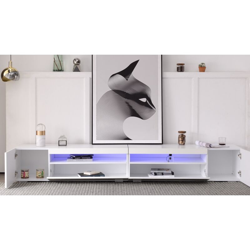 Mobile Tv 240x39x35cm Con 2 Cassetti A Ribalta E 2 Ante Con Led E 2 Vani Portaoggetti Aperti, Piano Del Tavolo Giuntato, Mdf E Pannello Truciolare, Bianco