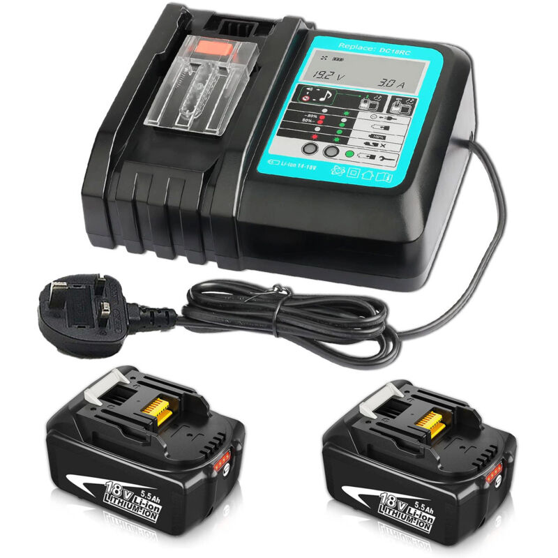 Teetok - Batterie Per Elettroutensili, 2 Batterie Agli Ioni Di Litio Da 5500 Mah + Caricabatterie Rapido Dc18rc 14,4 V-18 V, Compatibile Con Batteria Di Ricambio Agli Ioni Di Litio Makita 14,4 V-18 V Bl1815