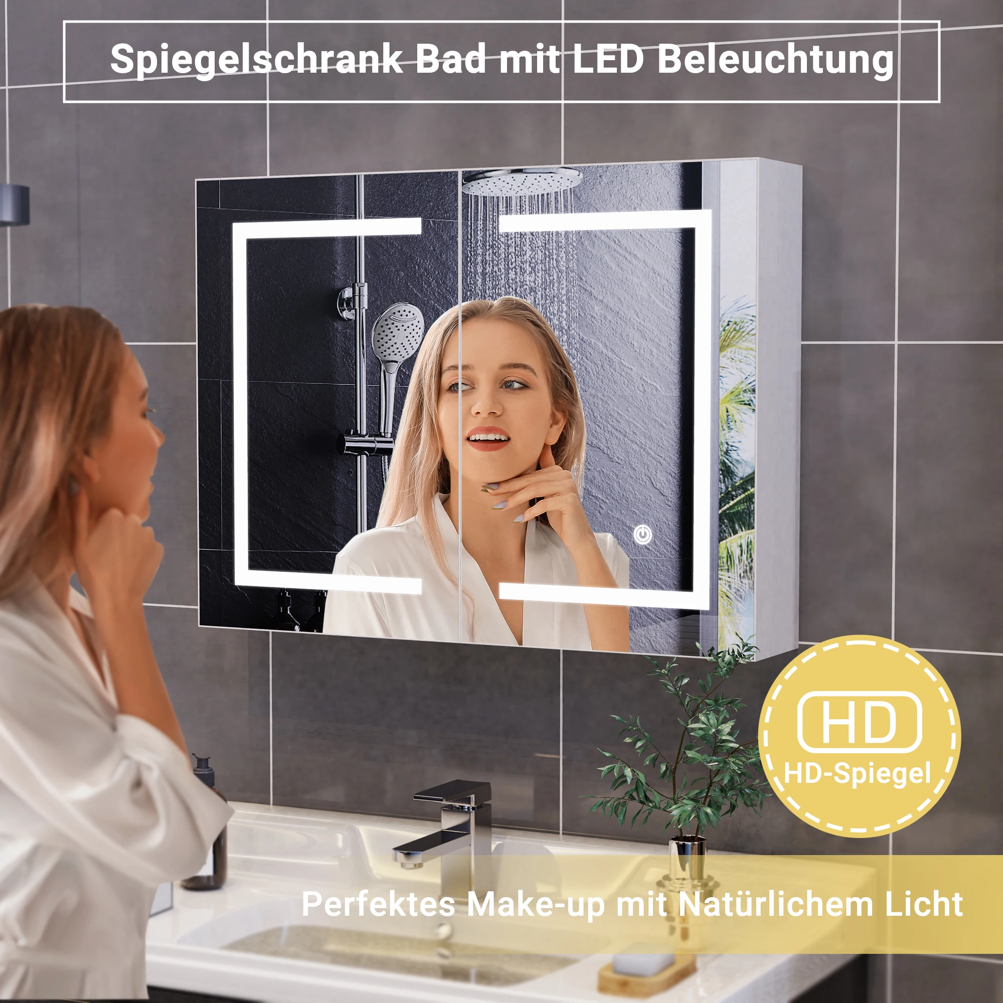 Wandschrank für Badezimmer mit Spiegel und LED, Spiegelschrank mit LED Speicher 3-Farben Modus Spiegelschrank Bad mit LED Badezimmer spiegelschrank mit Ablage,HD-Spiegel Badschrank Badezimmerschrank Badspiegel