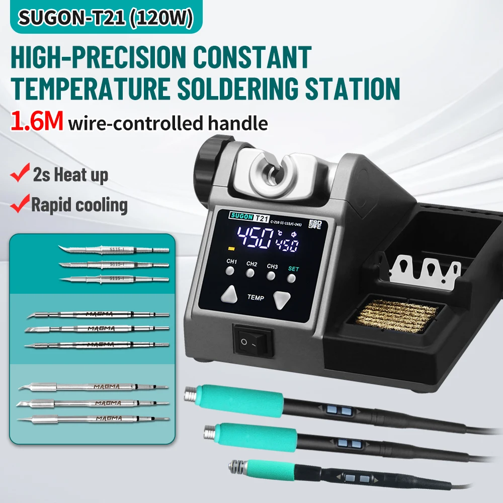 SUGON T21 120W Lötstation 1,6m kabelgesteuerter Handgriff Elektronik-Lötkolben Spitze 115/210/245 Rework-Station BGA-Werkzeuge Image