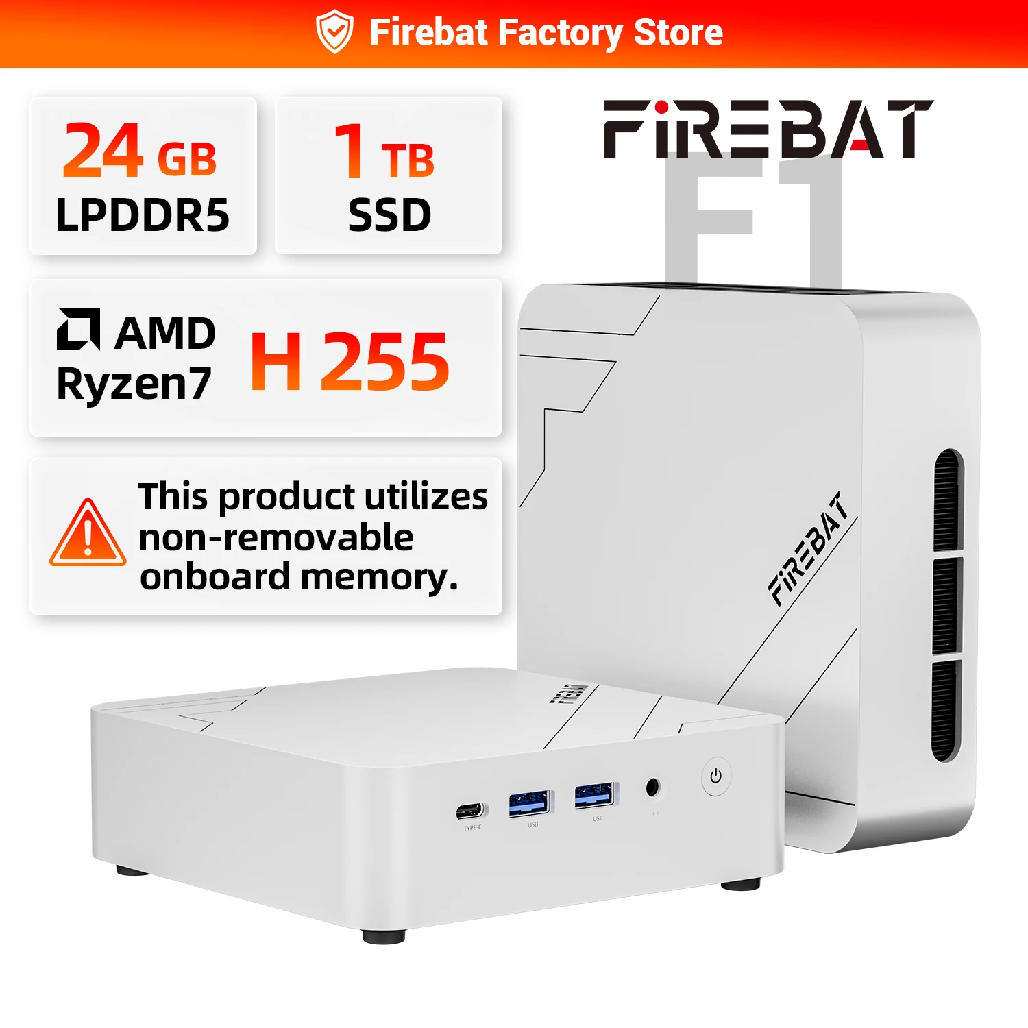 FIREBAT F1 MINI PC AMD Ryzen 7 H255 LPDDR5 24GB RAM 1TB SSD WIFI6 BT5.2 Tragbarer Desktop-MINI-PC Windows 11 Desktop-Computer