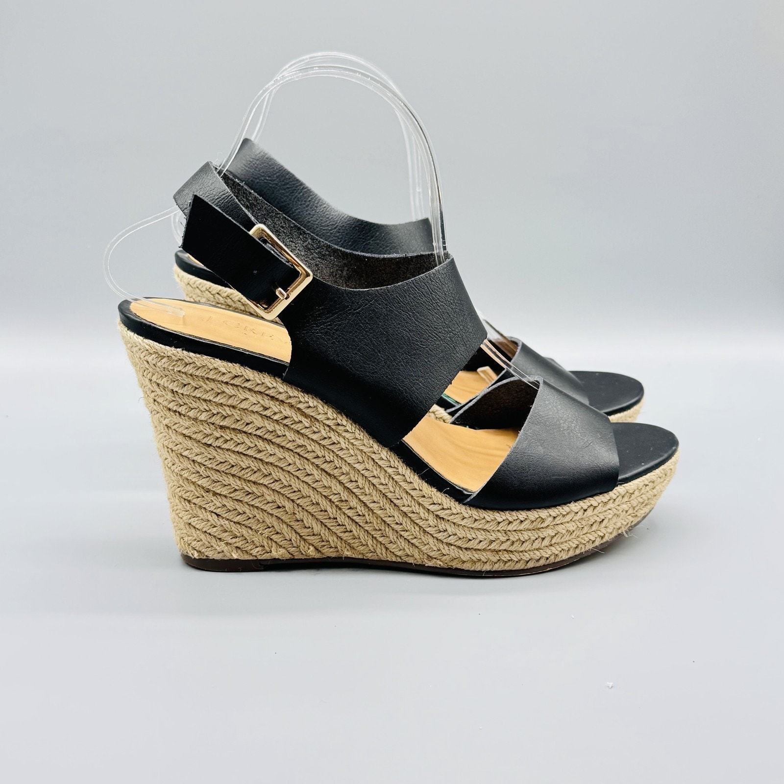 J. Crew Shoes | J Crew Shoes Womens Size 8.5 Espadrille Wedge Sandals Platform Leather Buckle | Color: Black | Size: 8.5