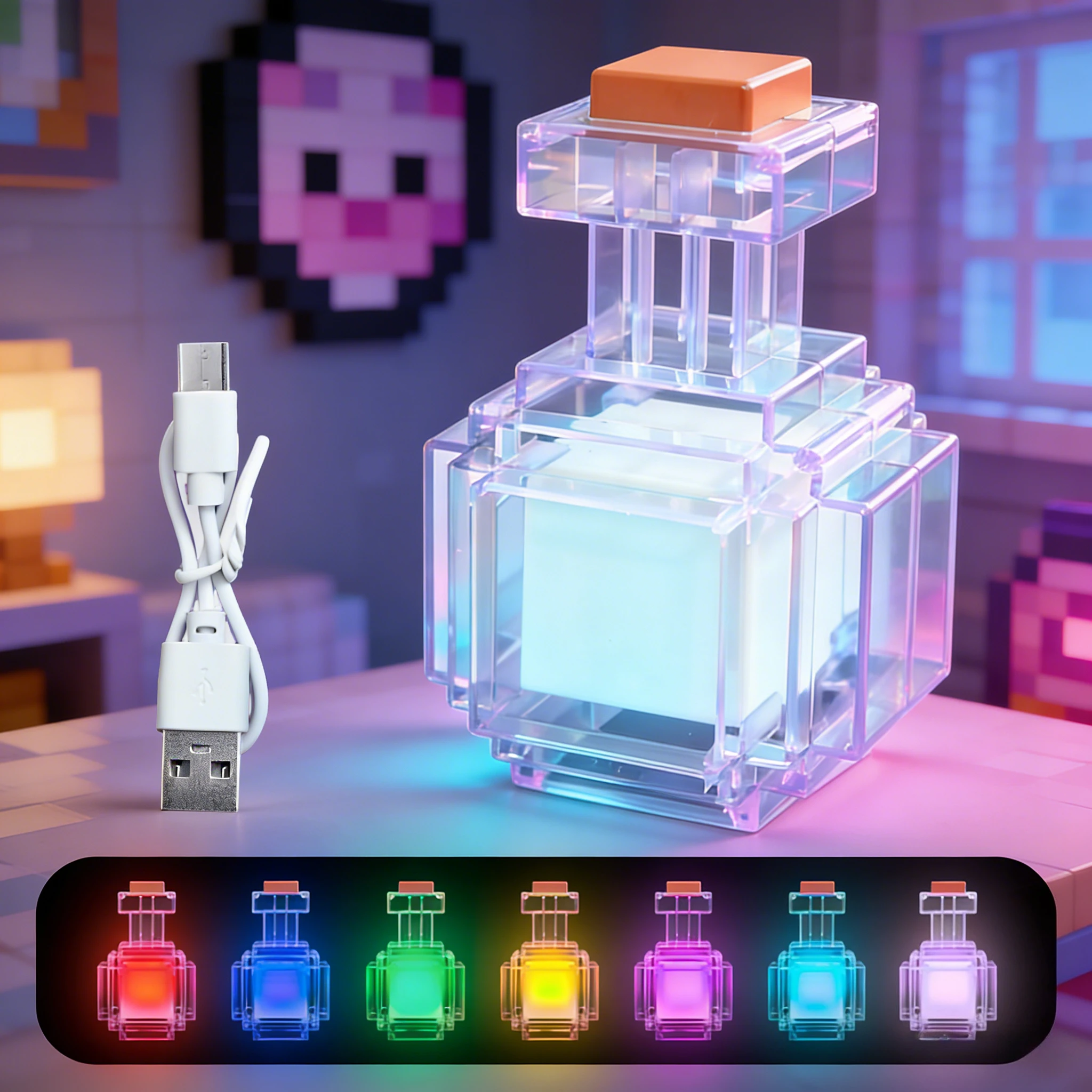 MC Game Trankflaschen-Licht Wiederaufladbare Medizinflasche LED-Nachtlicht Tischlampe 7 Farben Pixel-Stil für Kinder Nachttischlampe