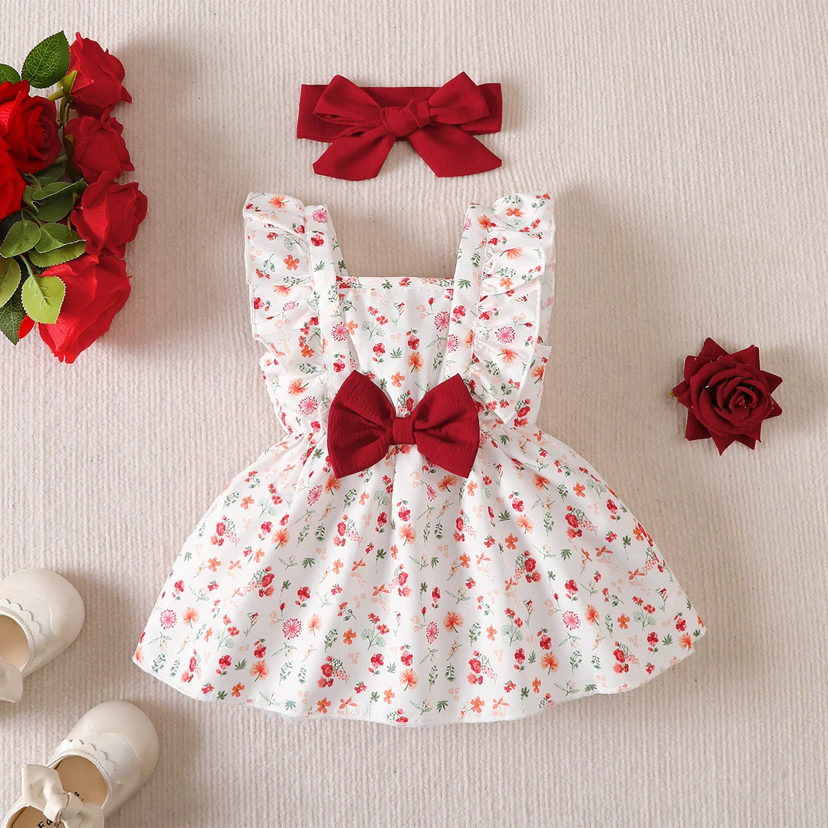 Kleid für Babys im Alter von 0 bis 24 Monaten mit kleinen Blumenrüschen am Rand, ärmelloses Kleid + Stirnband, 2 Stück/Set, süßes Sommerkleid für Babys Image