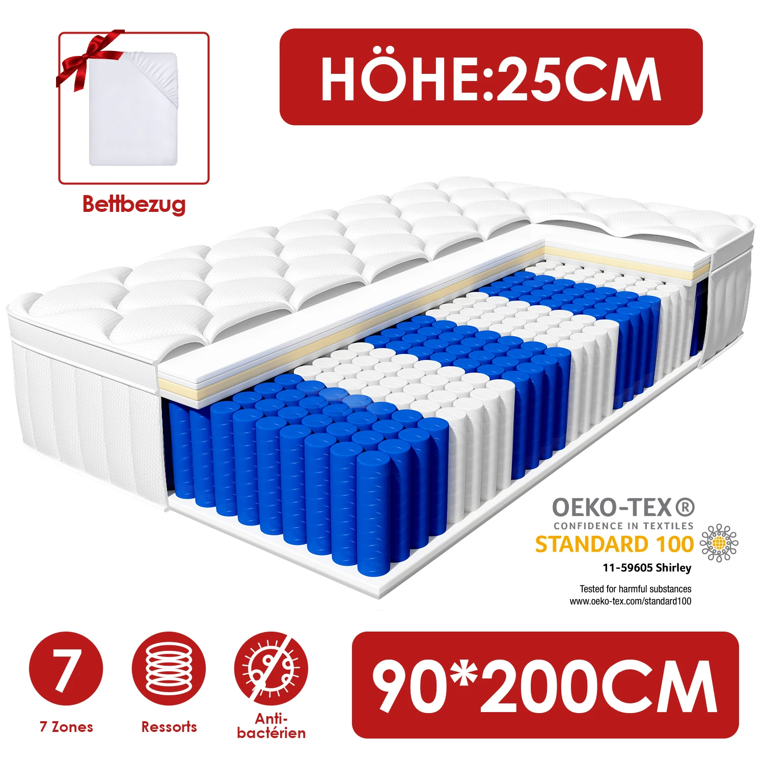 Hiazurm Matratze 90x200,Taschenfederkernmatratze,7-Zonen Federkernmatratze Matratzen,atmungsaktiv,Weiß,mittlere Härte,H3