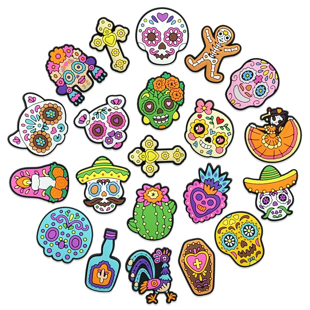 20-100 Stück Großhandel Tag der Toten PVC-Schuhschnallen-Ornamente Totenkopf Kaktus Mann Frau Clog-Charms Passend für Mexikanisches Feiertagsgeschenk Image