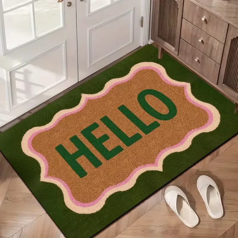 Auffällige Fußmatte mit gewelltem Rand und der Aufschrift „HELLO“, Sommer-Urlaubsdekoration am Meer, Blickfangendes Grußdesign für die Haustür, Eingangsbereich, 2D flach Image