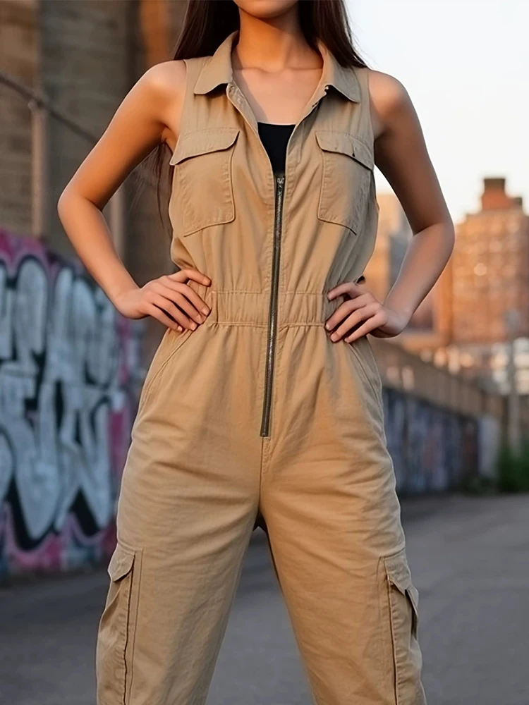 Mode Revers Ärmellose Overall Elegante Dame Solide Zipper Pendeln Strampler Sommer Neue Hohe Taille Tasche Frauen Playsuits Overalls Image