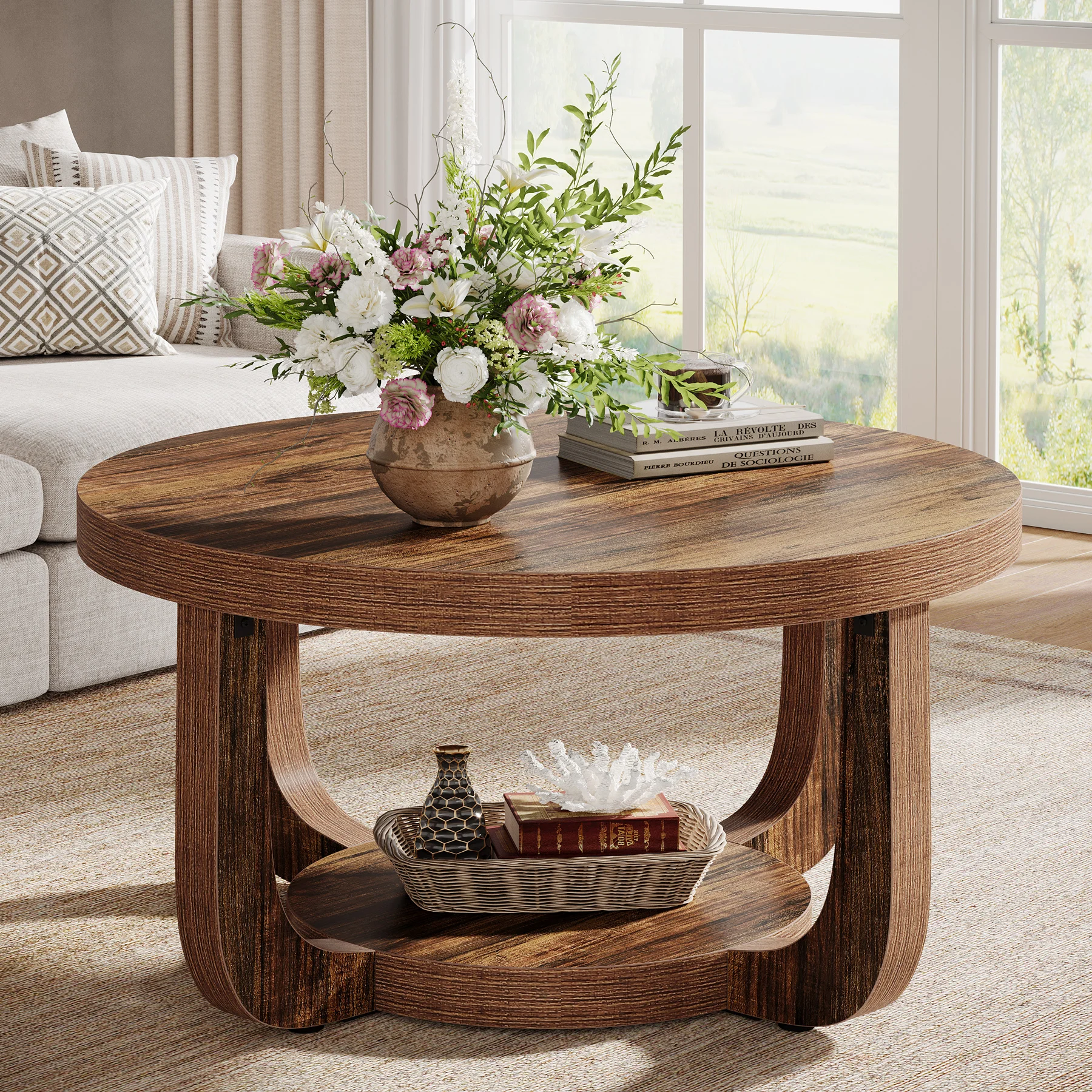 Tribesigns Runder Couchtisch, 2-stufiger runder Couchtisch mit Stauraum, moderner Holz-Akzenttisch für das Wohnzimmer.