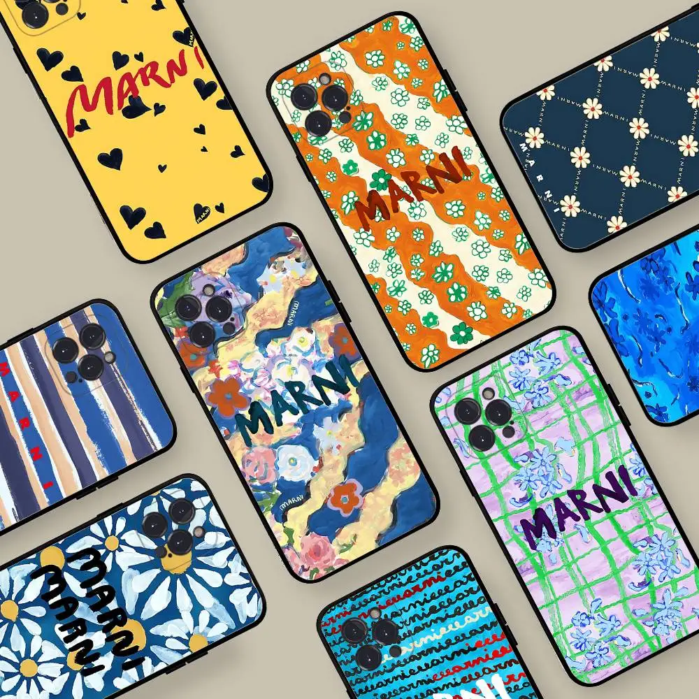 Luxuriöse M-Marni-Blumen für iPhone 17, Air 16, 15, 14, 13, 12, 11, Pro Max Plus, schwarze Abdeckung, weiche TPU-Handyhülle Image