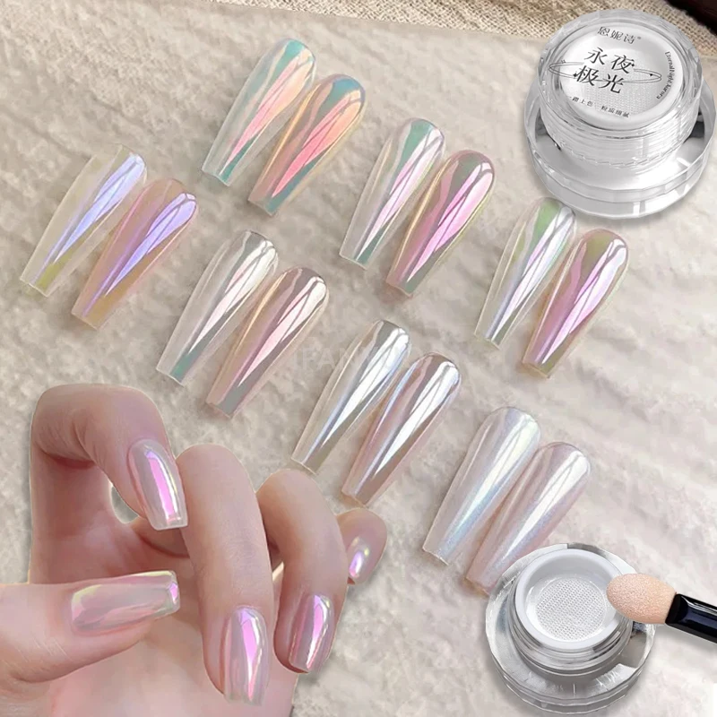 Nail Art Kissen Aurora Puder, Regenbogen Spiegelpuder für Nägel, Hochglanz Kristallpuder Glitter für Nail Art & Press-on Nägel Image