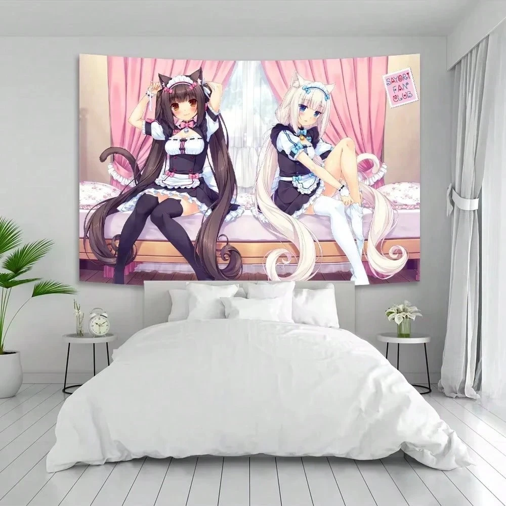1 Stück Nekopara Chocola Vanilla Wandteppich, Anime-Katzenmädchen-Wandbehang, coole Zimmerdekoration, Polyester 2D-Druck, Schlafzimmer-Deko, Kawaii O Image