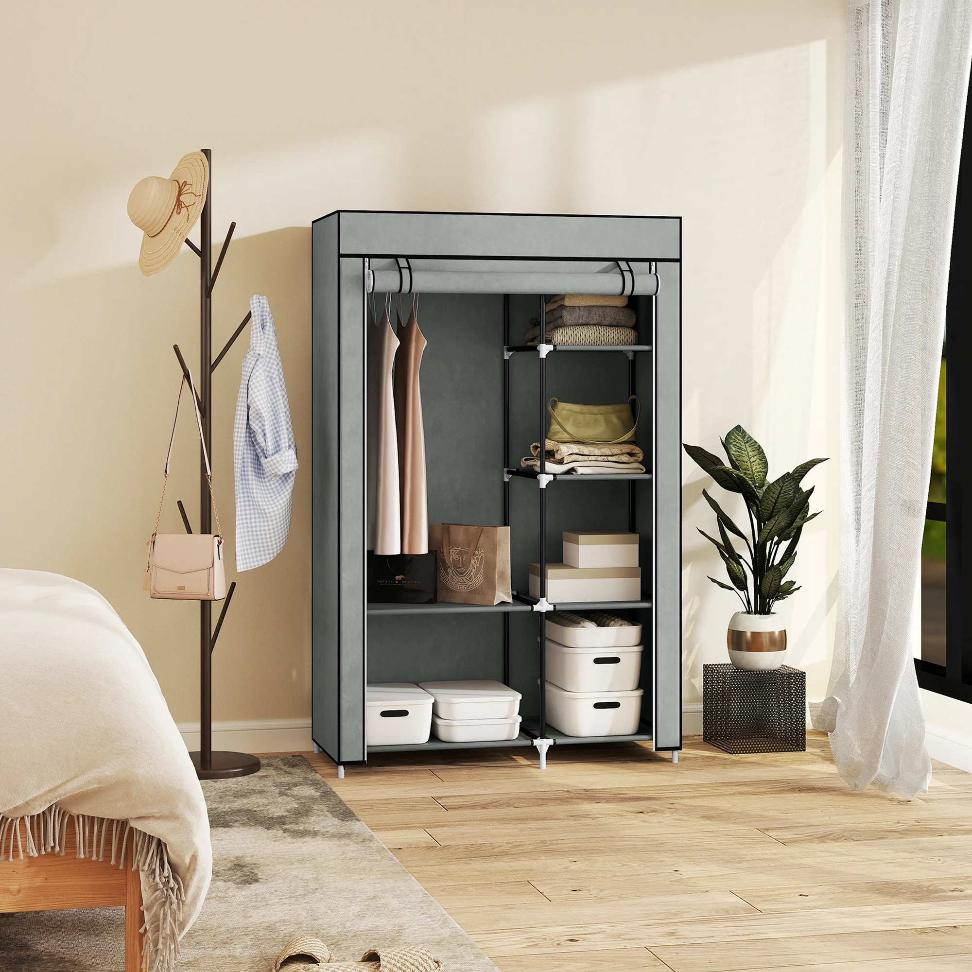 Kleiderschrank aus Stoff, Aufbewahrungslösung, 6 Regale, 1 Kleiderstange, Hellgrau