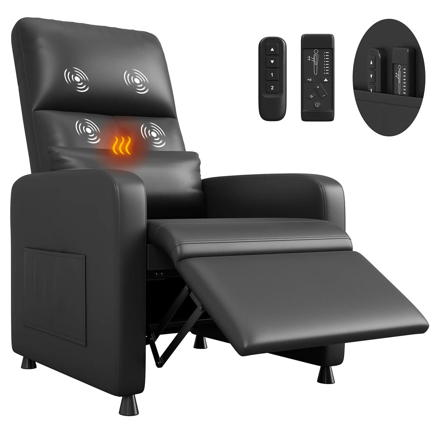 Elektrischer Relaxsessel mit Wärme- und Massagefunktion, PU-Leder Einzelner Elektrosessel mit Gepolstertem Sitz & 2 Seitentaschen für Wohnzimmer