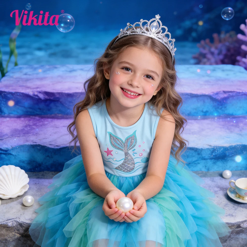 Kinder Sommer Ärmelloses Tüllkleid Mädchen Glitzer Meerjungfrauenschwanz Druck Blau Elegantes Party Tanz Alltags Freizeit Urlaub Kleid Image