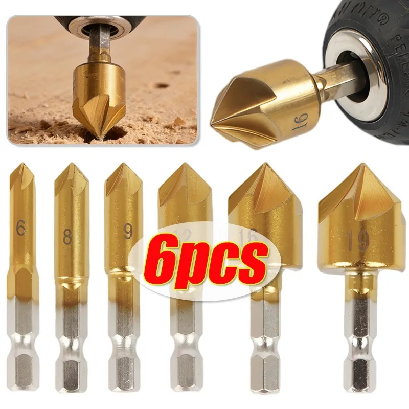 Senkbohrer-Set mit sechseckigem Schaft, titanbeschichtet, für Holzbearbeitung, Weichmetall, Hardware, Handwerkzeuge Image