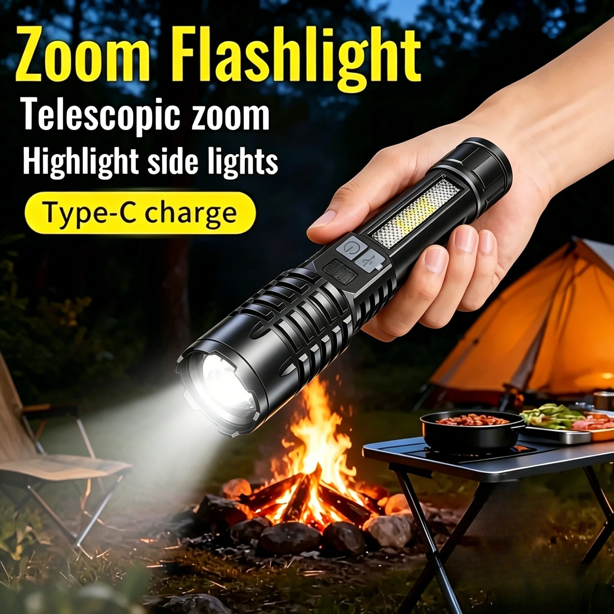5000LM Ultra Helle Taktische Taschenlampe mit Eingebauter Batterie Leistungsstarke LED-Taschenlampe Notfall-Scheinwerfer Teleskop-Zoom-Blitzlicht Image