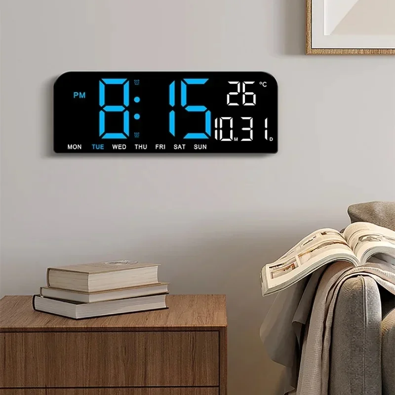 USB-betriebene 9-Zoll-große digitale Wanduhr, Temperatur, Datum, Woche, Timing, Countdown, automatischer Dimmer, 2 Alarme, 12/24 Stunden, LED-Wecker Image