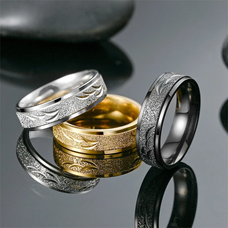 6MM Matte Carving Frauen Edelstahl Ringe Zuckerguss Gold Schwarz Titan Stahl Ring Hochzeit Band Schmuck Für Geschenk Großhandel Image
