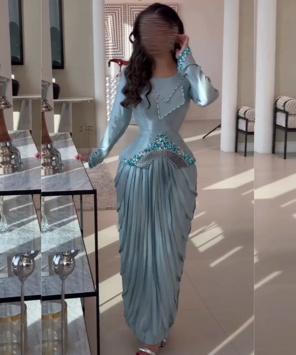 Customized Fashion Charmeuse Pleat Sequined Sheath O-Neck Long Bespoke Occasion Homecoming Dresses Classic
