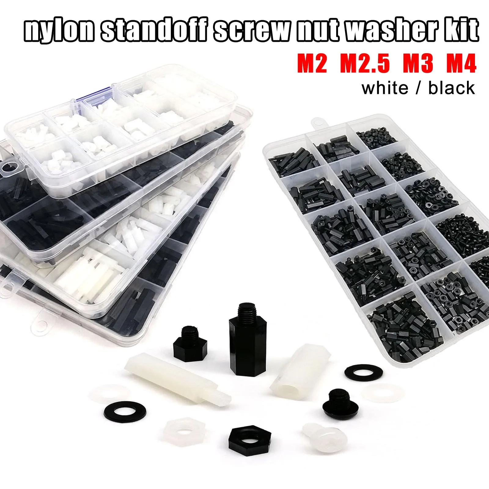 1 Box Kunststoff Nylon Sechskant Sechskant Abstandshalter Säule Abstandshalter Schraube Mutter Unterlegscheibe Kit Set für PCB Motherboard M2 M2,5 M3 M4 Schwarz Weiß Image