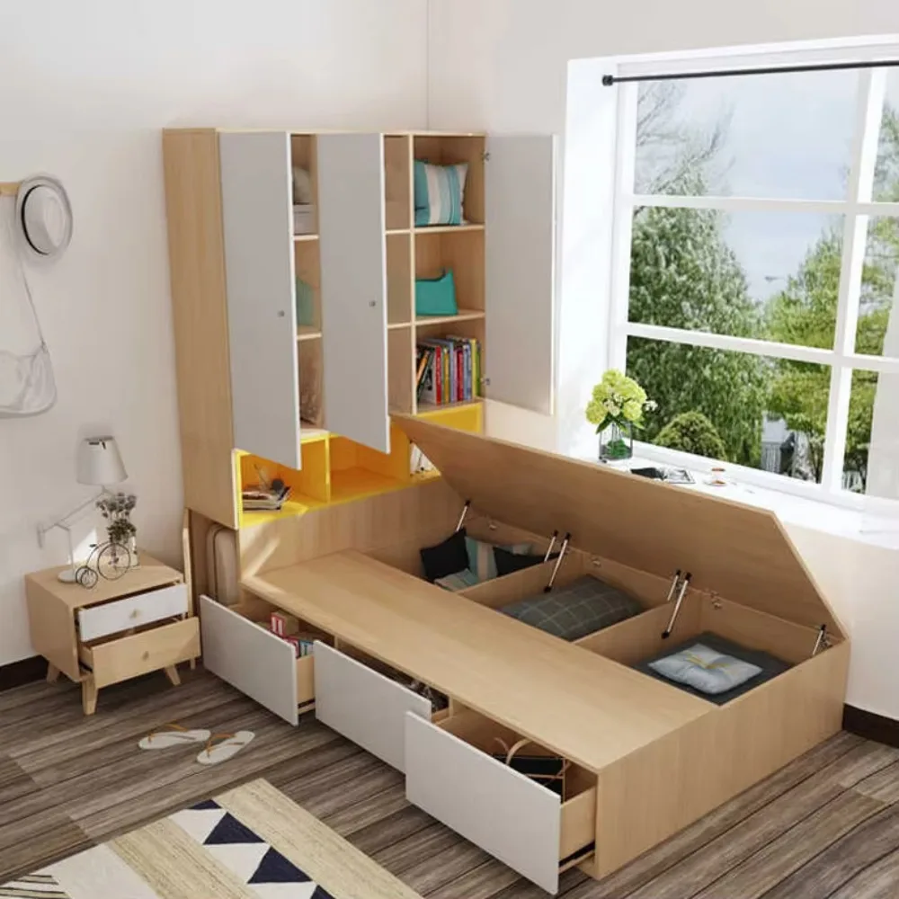 Holz-Tatami Einzelbett Moderne Kinderzimmermöbel mit Aufbewahrungsschubladen & Verstecktem Stauraum Platzsparendes Bett für Kinderzimmer Image