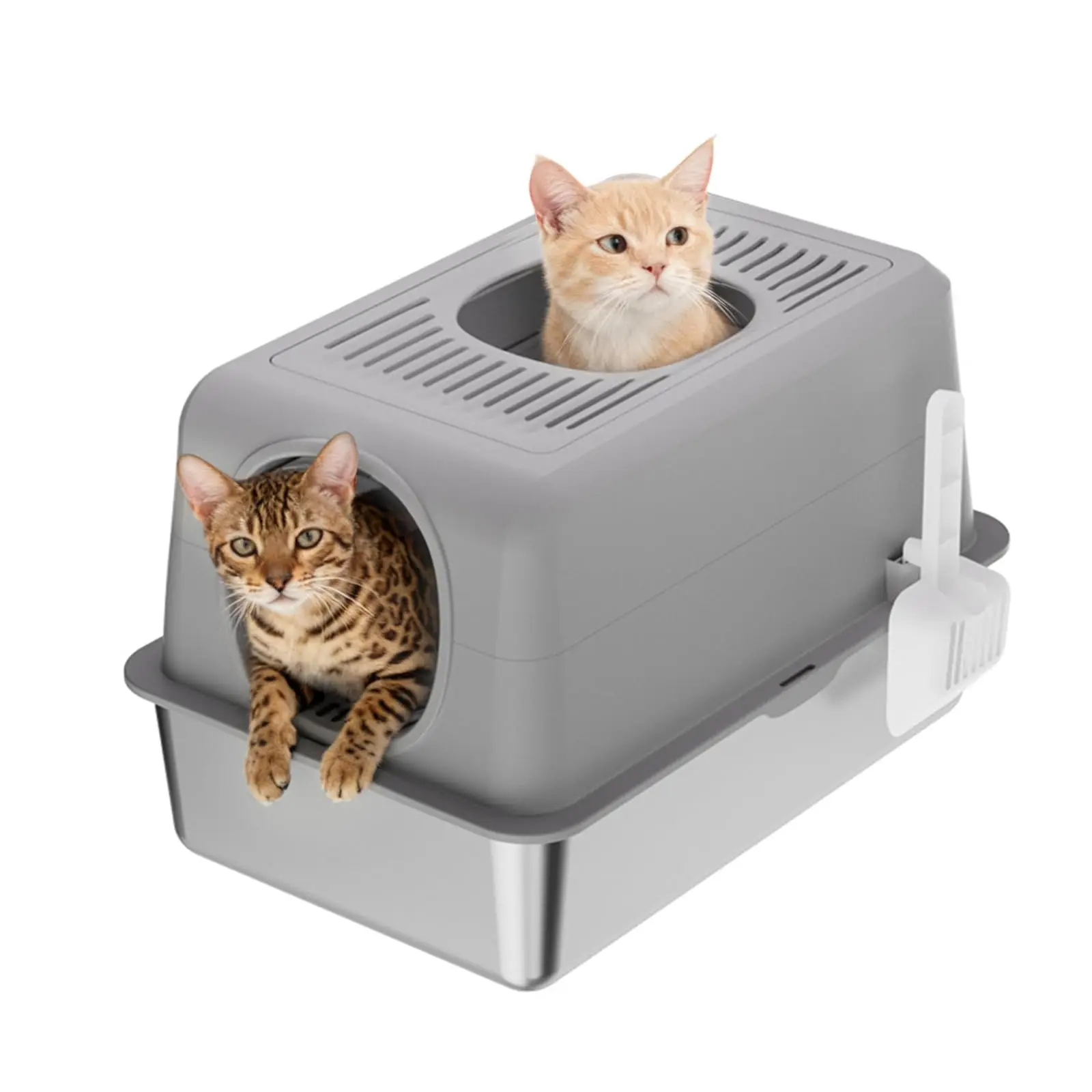 Katzentoilette aus Edelstahl, geschlossene, hohe Katzentoilette mit Deckel und auslaufsicherem Antihaftboden für große Katzen Image
