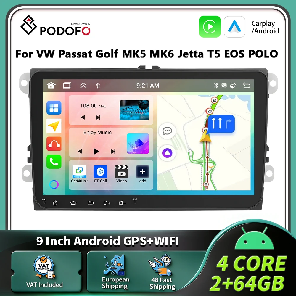 Podofo für VW Autoradio 9 Zoll 2Din Carplay Android Auto Intelligentes System GPS-Navigation Multimedia-Player MirrorLink Auto FM BT Image