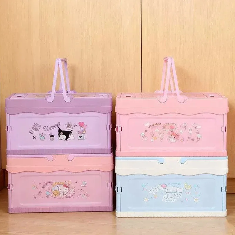Cartoon Hello Kitty Kurumi Outdoor Camping- und Picknick-Korb Zusammenklappbare Plastik-Aufbewahrungsbox mit Deckel Tragbarer Aufbewahrungskorb