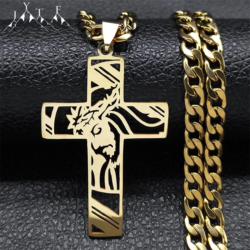 Hip Hop Punk Krone der Dornen Jesus Kreuz Halskette für Männer Edelstahl Vergoldet Kruzifix Anhänger Halsketten Schmuck N8052 Image