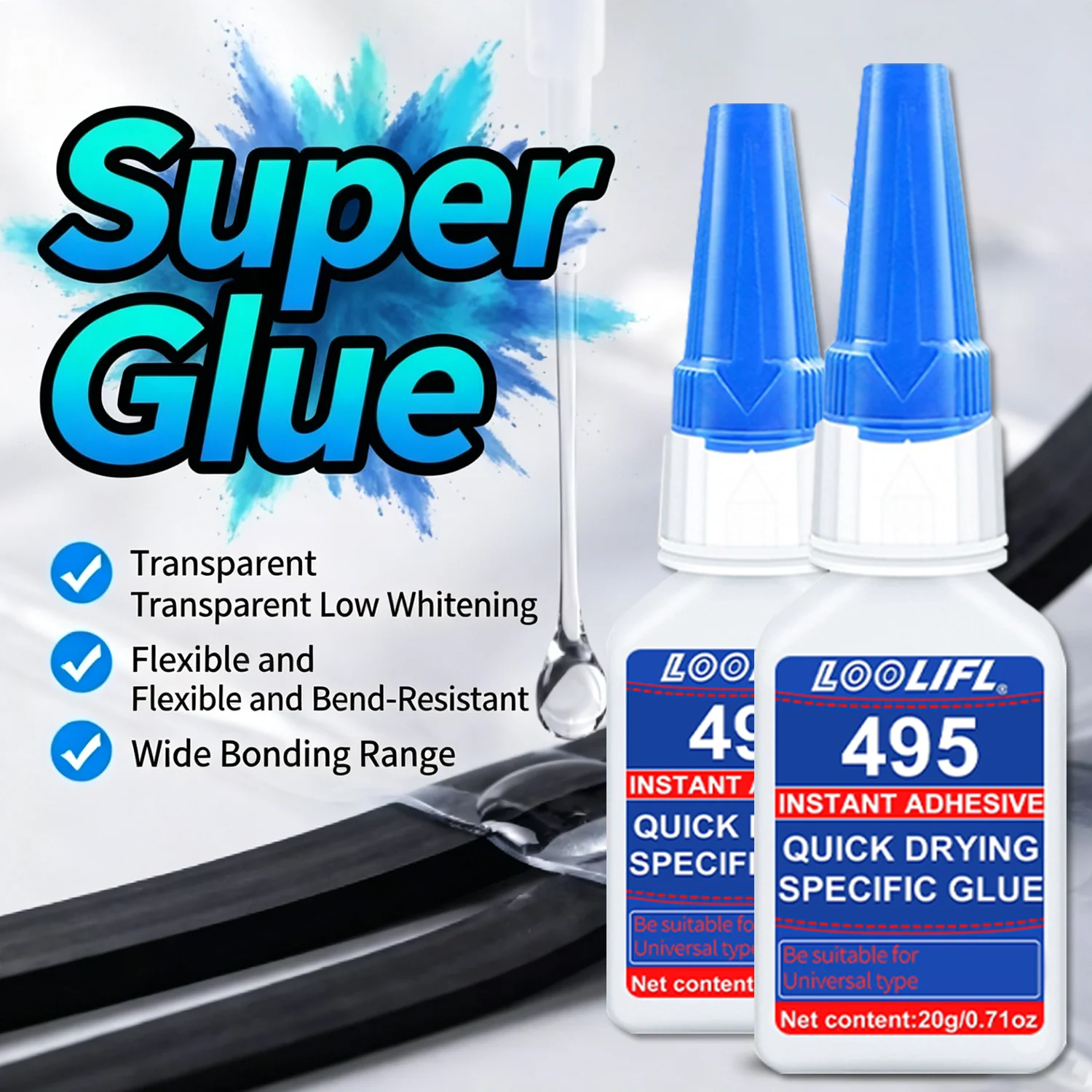 LOOLIFL 495 Superkleber 20g Cyanacrylat-Klebstoff Hochfester Kleber für Metall, Kunststoff, Gummi, Holz, Schnelle Aushärtung, Geringe Weißfärbung