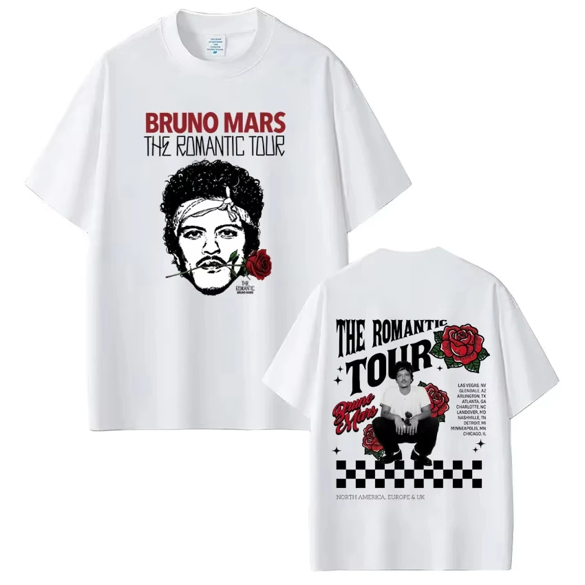 Bruno Mars The Romantic Tour 2026 Print T-Shirt Herren Damen Mode T-Shirts Kurzärmelige, reine Baumwolle, lässige Vintage-T-Shirts