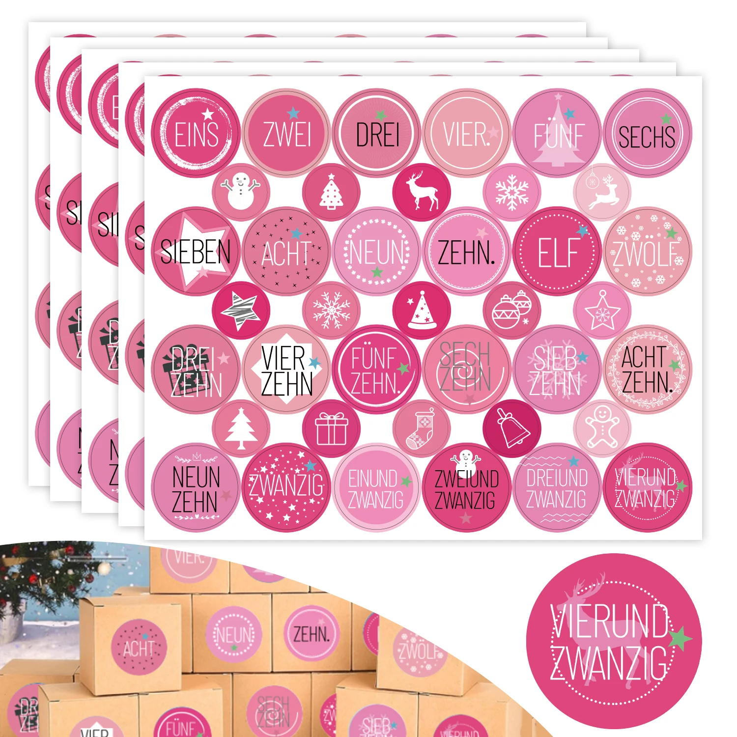 195 Stück rosa deutscher Weihnachts-Countdown-Kalender – Weihnachts-Countdown-Kalenderaufkleber, jeweils 5 Blatt mit 24 exquisiten Image
