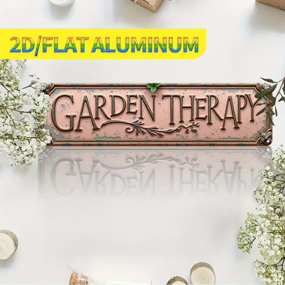 Vintage Garden Therapy Metal Tin Sign, 2D Flat Aluminum Retro Wall Decor Plaque, Rustic Floral Art Poster for Home Garden Patio,