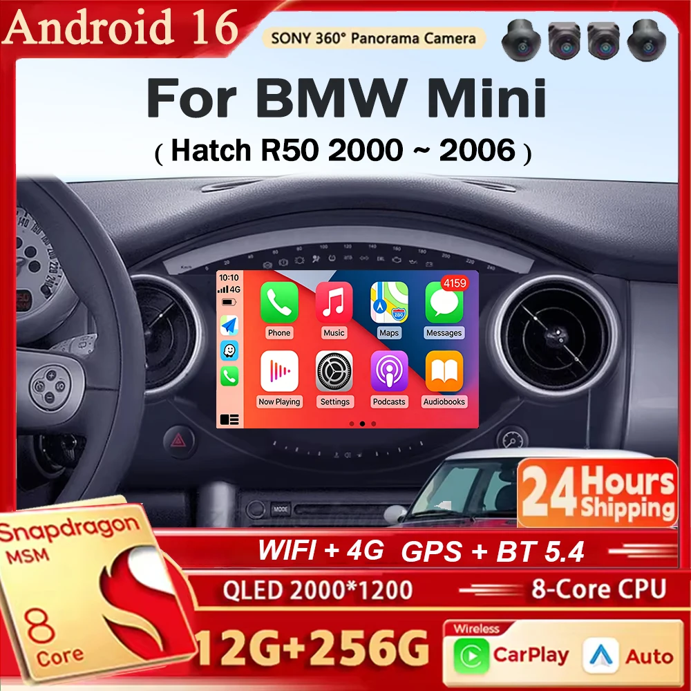 Android 16 Carplay&Auto Autoradio Navigation Multimedia Stereo Player QLED 4G Für BMW Mini Hatch R50 2000 - 2006 Image