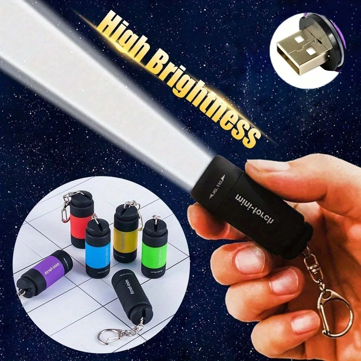 Mini-Schlüsselanhänger, wiederaufladbarer USB-Drehschalter, hohe Helligkeit, LED-Taschenlampe, geeignet für Nachtreisen/Beleuchtung/Einsatz im Freien Image