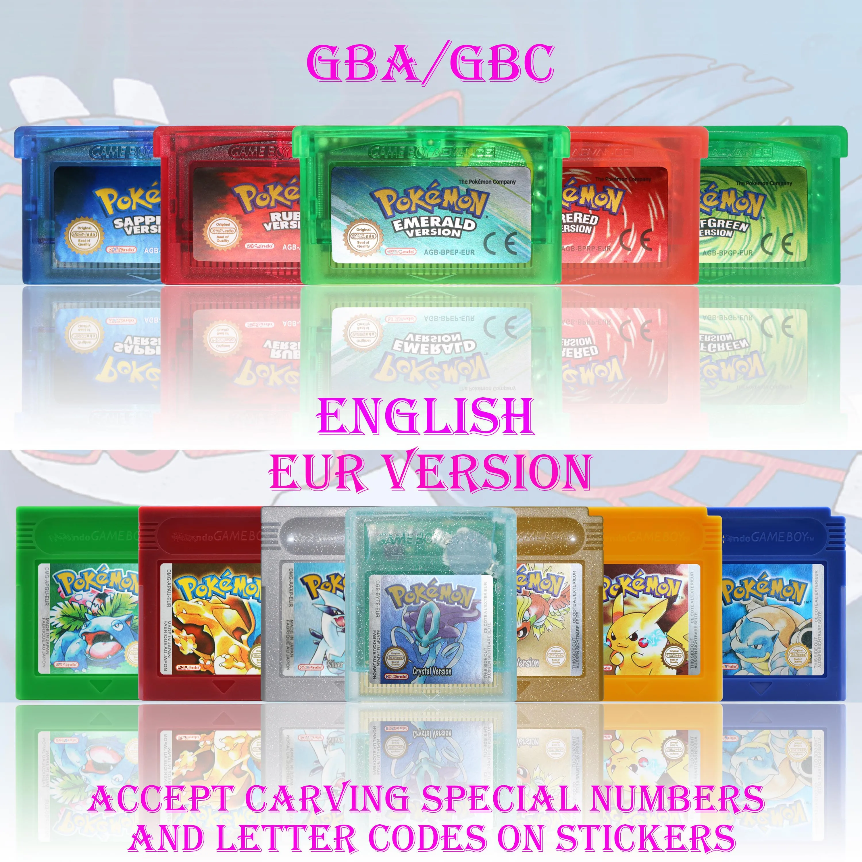 GBC/GBA EUR Version Pokemon Crystal/Yellow/Emerald/Fire Red/Leaf Green Game Cartridge Video Game Card High Quality with Battery