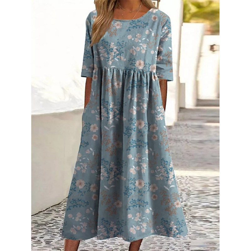 Women's Midi Dress Sheath Dress T Shirt Dress Tee Dress A Line Dress Summer Dress Vacation Casual Boho Daily Summer Dress Spring Dress Loose Fit Floral Graphic Short Sleeve Crew Neck Blue Dark Blue