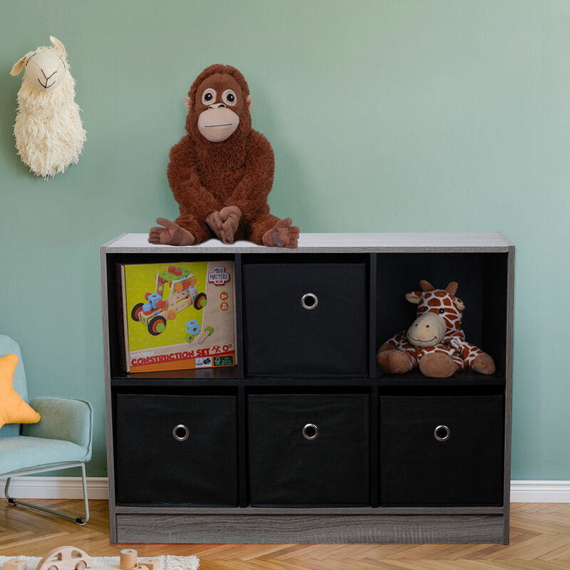 Scaffale Per La Cameretta Dei Bambini Con 6 Scomparti, Scaffale In Legno, Scaffale Per Giocattoli, Scaffale In Piedi, 6 Scatole Pieghevoli, Libreria, Nero, Scatole In Tessuto, Lxaxp 80x60x30 Cm