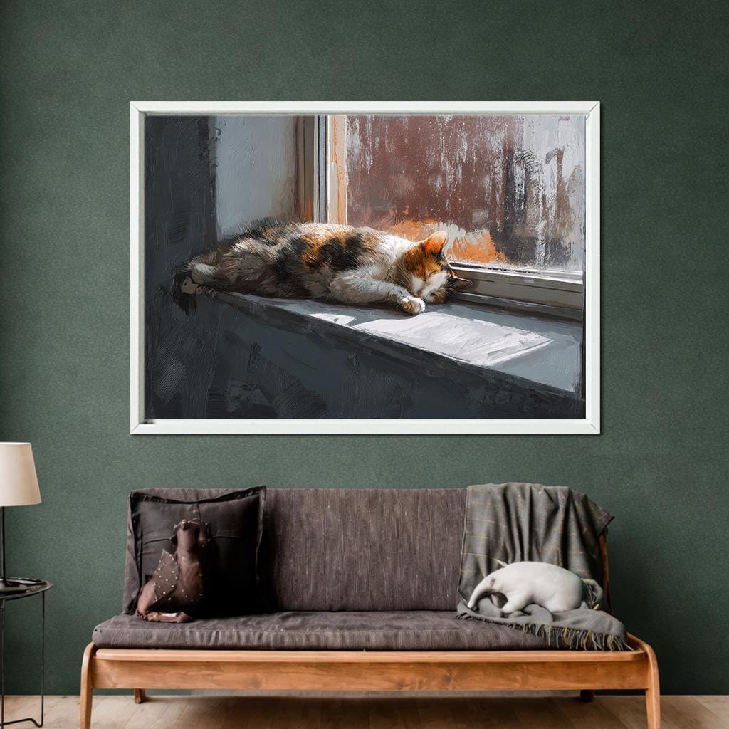 Quadro su tela con gatto addormentato, stampa su tela con gatto accogliente alla finestra, opera d'arte su tela con animale domestico in relax, pezzo