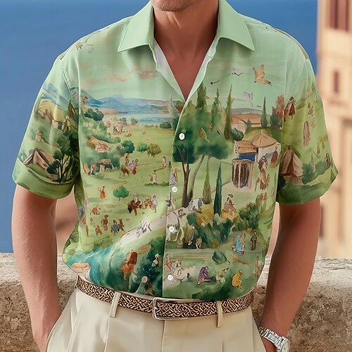 Herren Dorfszene Vintage Landschaft Sommer Hawaiihemd Tropische Hemden Alohahemd Kurzarm Hawaiianisch Resort Strandurlaub Sommer Frühling Umlegekragen 3D-Druck Hemden mit Knopfleiste Blau Grün Khaki Image