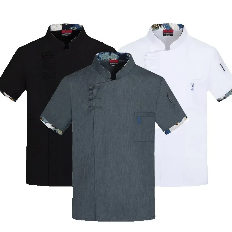 Kurzarm-Kochuniform für Herren und Damen, dehnbares Leinen, Küchenkochjacke, Kellnerhemd Image