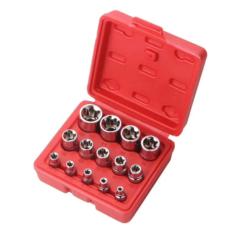 14pcs weibliche e-torx stern buchse set mit fall 1/4, 3/8, 1/2 in. Antrieb externer Stern-Sockel-Set E4-E24 Drehmomentsteckdosen-Set Image