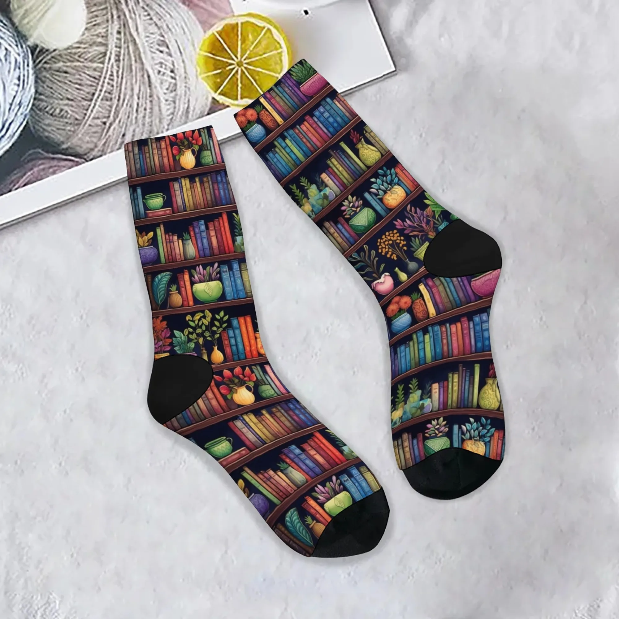 Buntes Bücherregal, fröhliche Socken, Bibliotheksthema, Neuheit, lustige Socken, kreatives Design, Unisex, Straße, Hip-Hop, Persönlichkeit, Trend-Socken Image