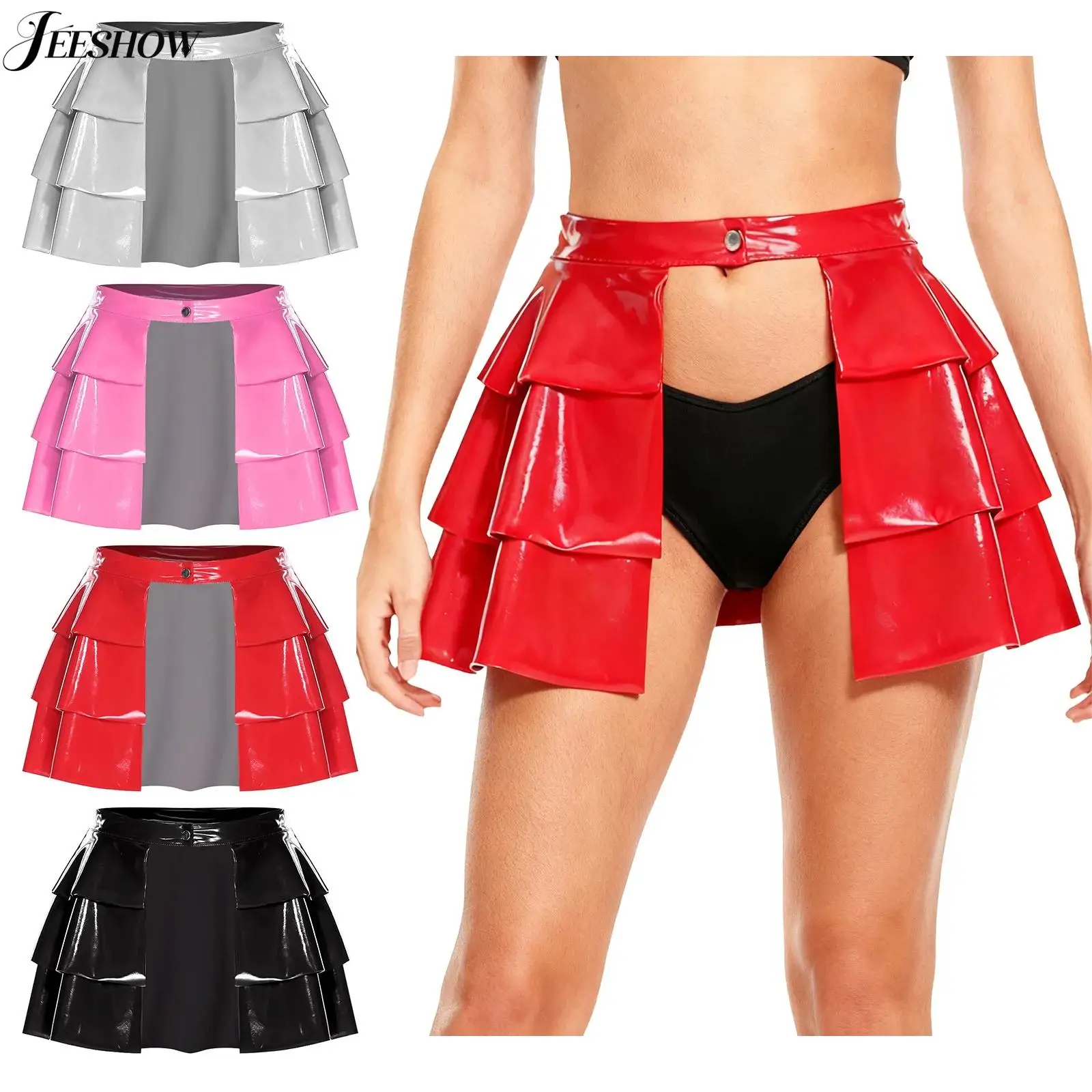 Damen-Minirock aus PU-Leder mit offener Vorderseite, Wet-Look, hohe Taille, gestuft, gerüscht, A-Linie, Minirock, Nachtclub, Pole Dance, Mikroröcke Image
