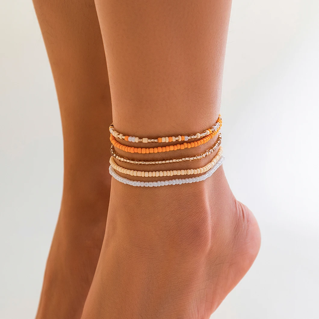 Ingemark Boho-Fußkettchen-Set mit bunten Rocailles für Damen, Sommer, Strand, schlichtes elastisches Kettenarmband, Barfuß-Knöchel am Bein, Schmuck Image