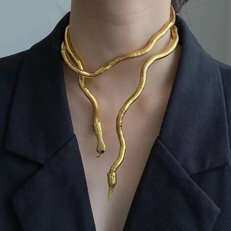 AENSOA 2025 Neue Punk Multilayer Metall Legierung Gold Schwarz Farbe Coole Bendy Schlange Halskette Armband für Frauen Männer Chunky Schmuck